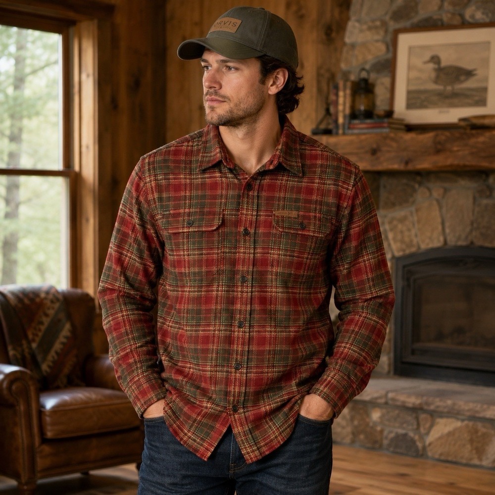 Orvis Heavy Flannel Shirt Jacket Mens XL Red Green Plaid Cotton Shacket Handwarm